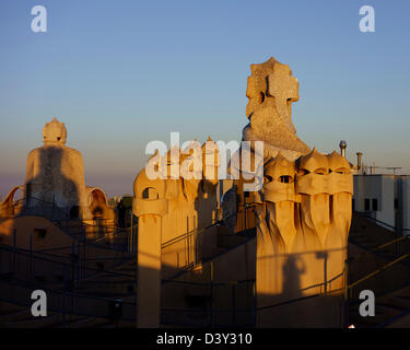 Terrace at the rooftop of the Casa Milà or La Pedrera designed by Antoni Gaudi at sunset, Barcelona, Spain, Europe Stock Photo