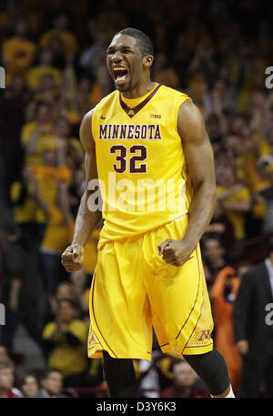 Minneapolis, USA. 26th February 2013. Minnesota Gophers forward Trevor Mbakwe (32) celebrates after scoring a basket during the NCAA basketball game between the Minnesota Gophers and the Indiana Hoosiers at Williams Arena in Minneapolis, Minnesota.  Credit:  Cal Sport Media / Alamy Live News Stock Photo