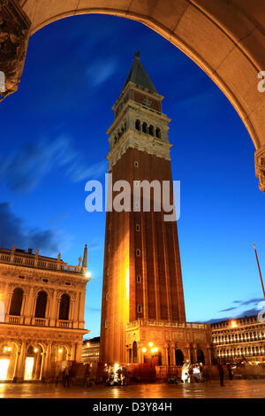 A night time view of the famous campanile or tower at Saint Mark's Square in Venice, Italy Stock Photo