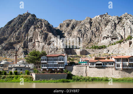 view with tombs of the kings, hatuniye mosque and citadel, amasya, anatolia, turkey, asia Stock Photo