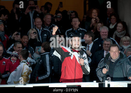 Swansea, Wales, UK. 26th February 2013. Chico Flores celebrating winning the Captial Cup trophy at Wembley on Sunday with an open top bus homecoming parade through the centre of Swansea. Credit:  Phil Rees / Alamy Live News Stock Photo