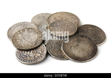 Pail of thalers - ancient european silver coins isolated on white Stock Photo