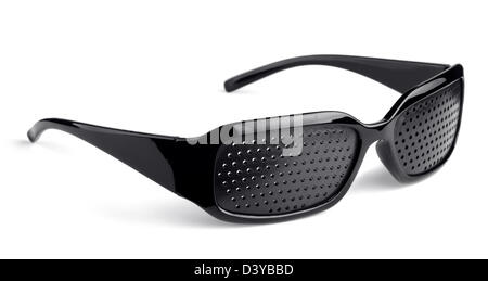 Pair of black medical pinhole glasses isolated on white Stock Photo