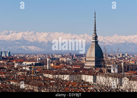Torino, panorama with Mole Antonelliana and snowy Alps Stock Photo
