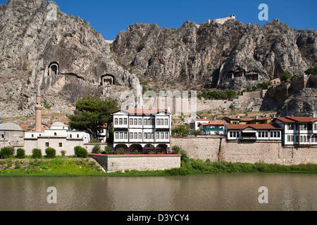 view with tombs of the kings, hatuniye mosque and citadel, amasya, anatolia, turkey, asia Stock Photo