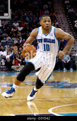 New Orleans, Louisiana, USA. 26th February 2013. New Orleans Hornets shooting guard Eric Gordon (10) drives with the ball during the NBA basketball game between the New Orleans Hornets and the Brooklyn Nets at the New Orleans Arena in New Orleans, LA. Credit:  Cal Sport Media / Alamy Live News Stock Photo