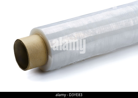 Roll of wrapping plastic stretch film on white background Stock Photo