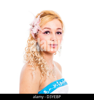 Wedding portrait of young blond beautiful bride, isolated on white background. Stock Photo