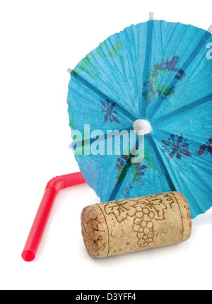 WIne cork,paper umbrella and drinking straw straw isolated on white Stock Photo