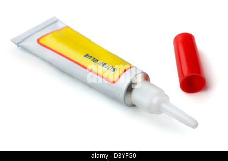 Metal tube of instant super glue isolated on white Stock Photo