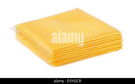 Wrapped processed sliced cheese isolated on white Stock Photo