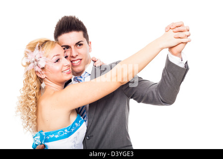 Young happy wedding dancing, isolated on white background. Stock Photo