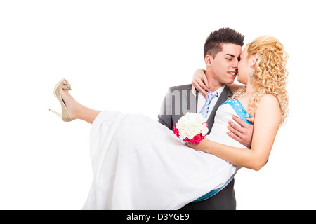 Young happy wedding couple in love, isolated on white background. Stock Photo