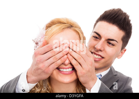Happy loving couple having fun, isolated on white background. Stock Photo
