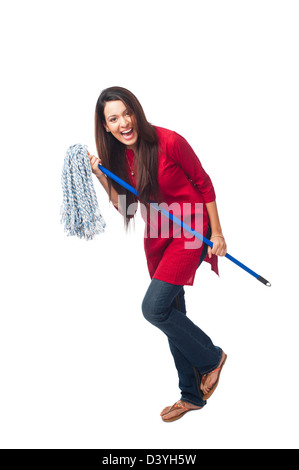 Portrait of a happy woman posing with a mop Stock Photo