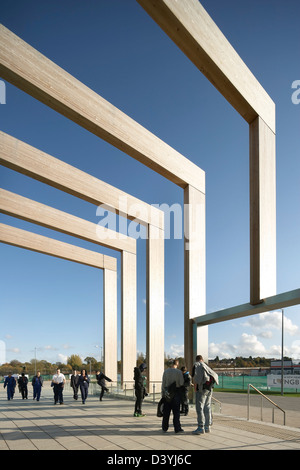 Bournville College, Birmingham, United Kingdom. Architect: Broadway Malyan Limited, 2011. Timber beam structure. Stock Photo