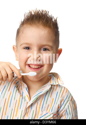 Little child with dental toothbrush brushing teeth.isolated on a white background. Stock Photo