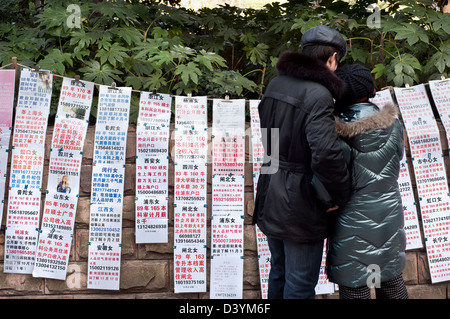 A Chinese couple view matchmaking notices at the Marriage Market in People's Park, Shanghai Stock Photo