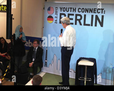 US Secretary of State John Kerry talks with young German innovators and leaders at his first Youth Connect event with moderator & journalist Cherno Jobatey February 26, 2013 in Berlin, Germany. Kerry is on an 11-day trip, his first as secretary of state stopping in London, Berlin, Paris, Rome, Ankara, Cairo, Riyadh, Abu Dhabi and Doha.