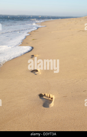Footprints on Beach, Biscarrosse, Landes, Aquitaine, France Stock Photo