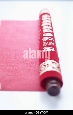 Red Scroll with Chinese Characters Stock Photo