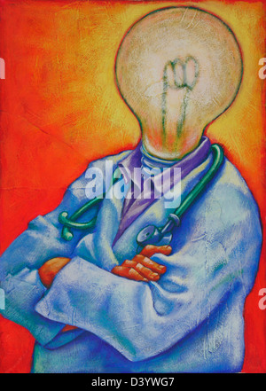 Illustration of Doctor with Lightbulb for Head Stock Photo