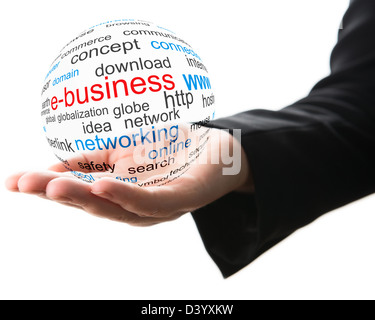 Transparent ball with word e-business in a hand Stock Photo