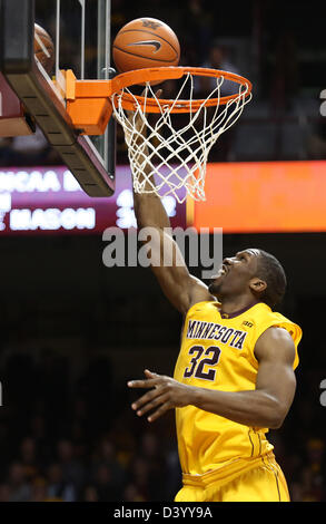 Minneapolis, USA. 26th February 2013. Minnesota Gophers forward Trevor Mbakwe (32) scores a basket during the NCAA basketball game between the Minnesota Gophers and the Indiana Hoosiers at Williams Arena in Minneapolis, Minnesota. Credit:  Cal Sport Media / Alamy Live News Stock Photo