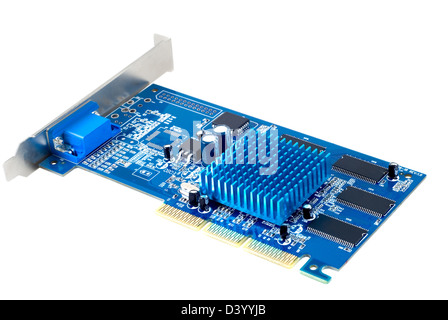 The graphic card of blue color is photographed on a white background Stock Photo