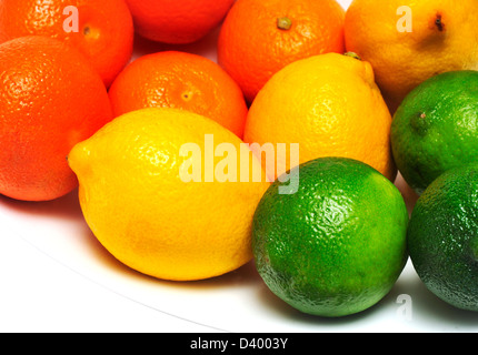 Mandarin oranges, lemons and limes in a bowl. Stock Photo