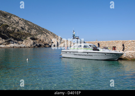 Italy Tuscany Montecristo island  Cala Maestra with boat ranger Tuscan   Archipelago national park Stock Photo