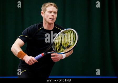 Cardiff, UK. Wednesday 27th February 2013.  Edward Corrie during Round 2 of the ITF Aegon GB Pro-Series at Welsh National Tennis Centre, Cardiff, Wales, UK on 27th February 2013. Stock Photo