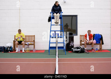 Cardiff, UK. Wednesday 27th February 2013.  Players rest during Round 2 of the ITF Aegon GB Pro-Series at Welsh National Tennis Centre, Cardiff, Wales, UK on 27th February 2013. Stock Photo