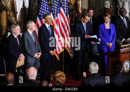 Washington, District of Columbia, U.S. Feb. 27, 2013. Senate Minority Leader Mitch McConnell (R-KY), Senate Majority Leader Harry Reid (D-NV), President Barack Obama, House Speaker John Boehner (R-OH), House Minority Leader Nancy Pelosi (D-CA), Rep. James Clyburn (D-SC) during a ceremony to unveil a statue honoring the late civil rights activist Rosa Parks at the U.S. Capitol on Wednesday. Credit Image: Credit:  Pete Marovich/ZUMAPRESS.com/Alamy Live News Stock Photo