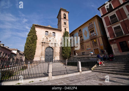 Church of Santa Ana at the beginning of the carrera del Darro, Granada, Spain Stock Photo