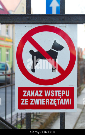 Treptow an der Rega, Poland, dog warning sign on a fence Stock Photo