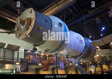 Russian Soyuz spacecraft on display inside the National Space Centre, Leicester, England, UK Stock Photo