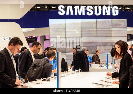 Barcelona, Spain. 27th February 2013: The Samsung stand is one of the most frequented  at the Mobile World Congress 2013. Stock Photo