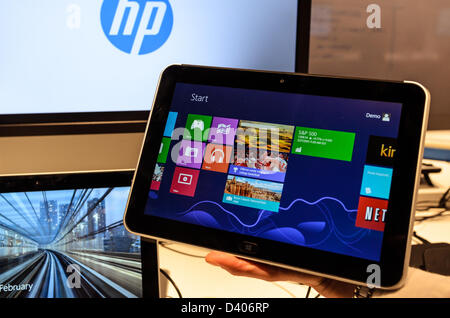 Barcelona, Spain. 27th February 2013: The HP Slate 7 is displayed at the Mobile World Congress 2013. Stock Photo