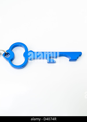 A blue stainless steel key's keychain isolated on white background Stock Photo