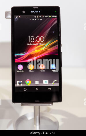 Barcelona, Spain. 27th February 2013: The SONY Xperia Z is displayed at the Mobile World Congress 2013. Stock Photo