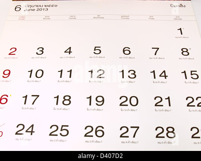 June 2013 Gregorian and lunar calender from Thailand Stock Photo