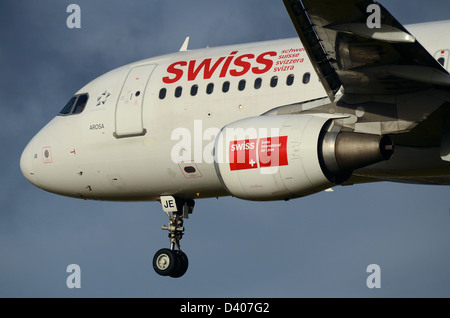 Swiss International Air Lines Airbus A320 coming in to land at London Heathrow Airport LHR, UK. Named Arosa Stock Photo