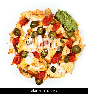 Directly above shot of prepared nachos isolated on white background Stock Photo