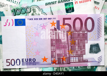 500 Euro banknote and 1000 Rubles Russian banknotes in background Stock Photo
