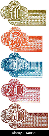 Numbers 1, 5, 10, 20, 50 from modern Tugrik banknotes, Mongolia, on white background Stock Photo