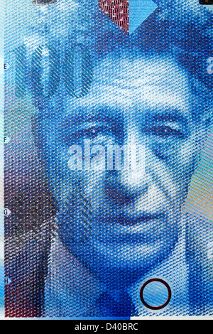 Portrait of Alberto Giacometti from 100 Francs banknote, Switzerland, 2004 Stock Photo