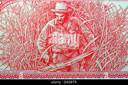 Che Guevara in sugar cane field from 3 Pesos banknote, Cuba, 2004 Stock Photo
