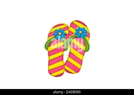 3d pink and yellow flip flops, isolated on white. Stock Photo
