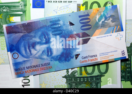 100 Franken banknote with Alberto Giacometti and 100 Euro banknotes as background Stock Photo